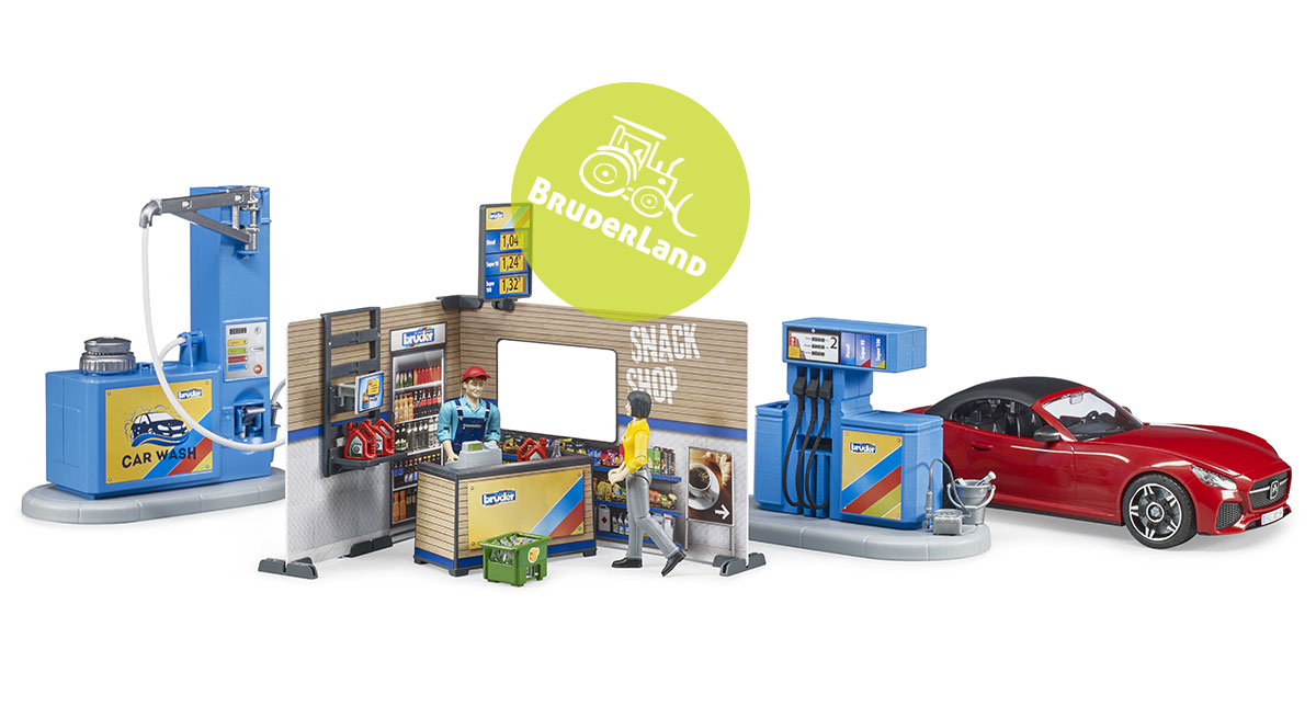 Bruder - 62111 Čerpací stanice s autem roadster a dvěma figurkami