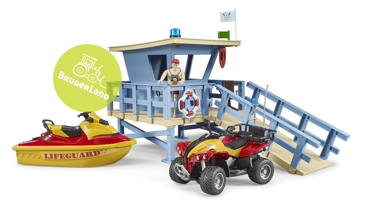 Bruder - 62780 Stojan pobřežní stráže se čtyřkolkou, vodním skútrem a postavou plavčíka