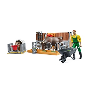 Cow and calf barn with farmer - Bruder 62611