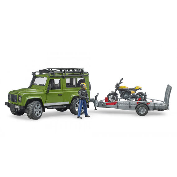 Land Rover with transporter and Ducati Scrambler Full Throttle motorcycle - Bruder 2589
