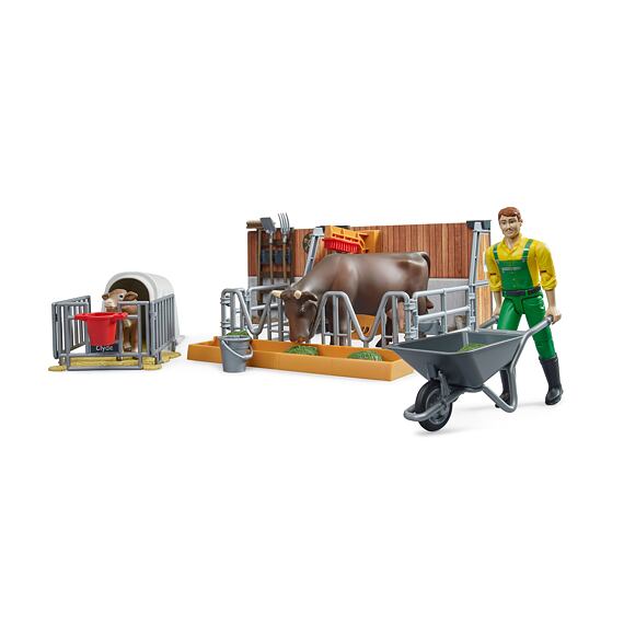 Cow and calf barn with farmer - Bruder 62611