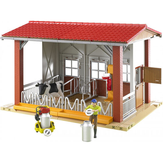 Stable for cattle + cow, figure, milking accessories - Bruder 62621