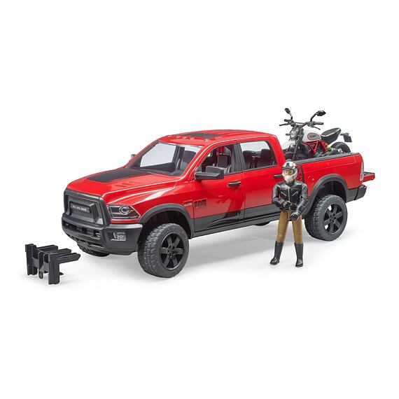 RAM 2500 Power wagon, motorcycle Scrambler Ducati Desert Sled with figure - Bruder 2502